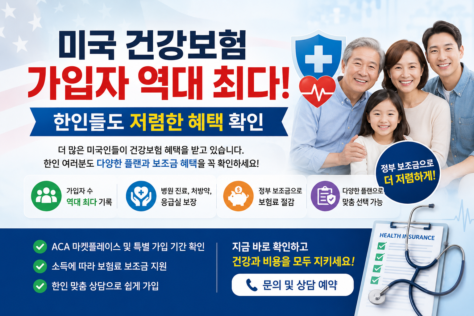 미국 건강보험 가입자 역대 최다, 한인들도 저렴한 혜택 확인하세요